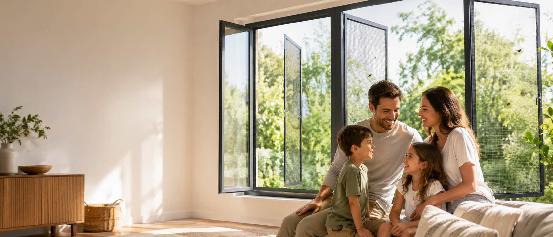 A family sitting by wide open windows fitted with insect screens, the garden green and bright behind the mesh